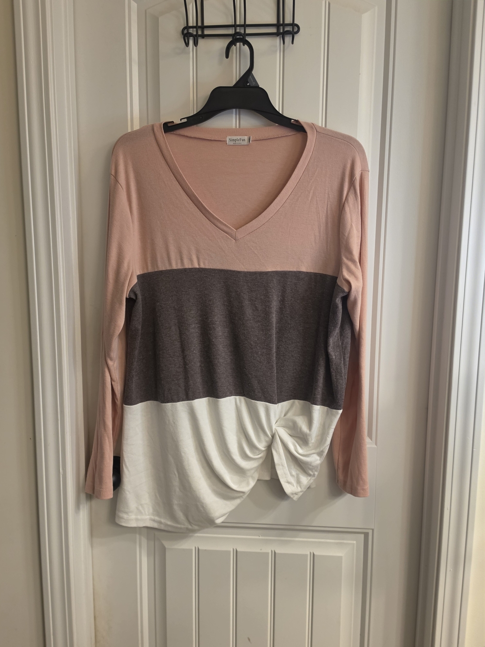 Simple Pink, Brown & White Long Sleeve V-Neck Top with Front Twist